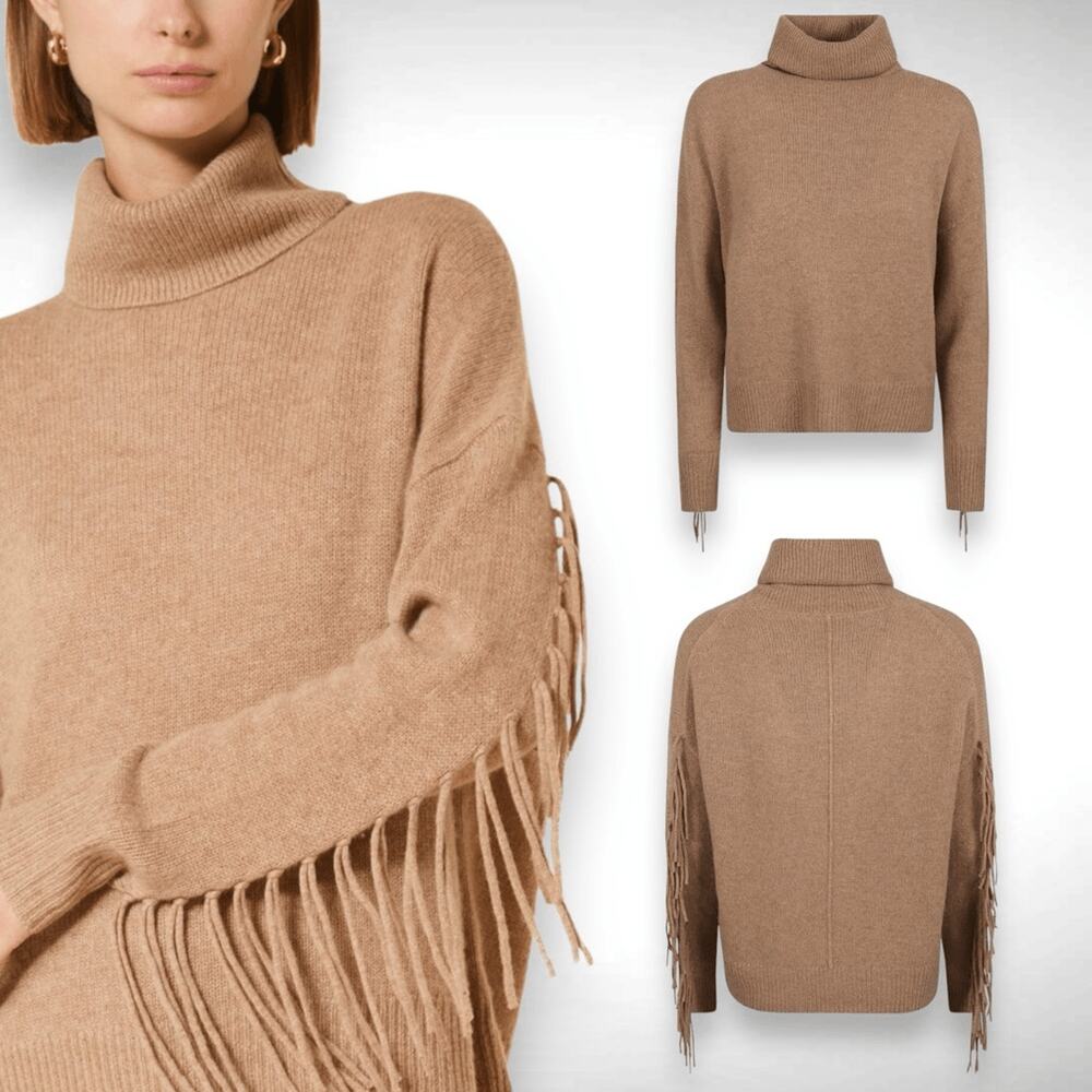 360 Cashmere Hudson Fringed Turtleneck Pullover‎ Sweater Tan Size Large NWOT